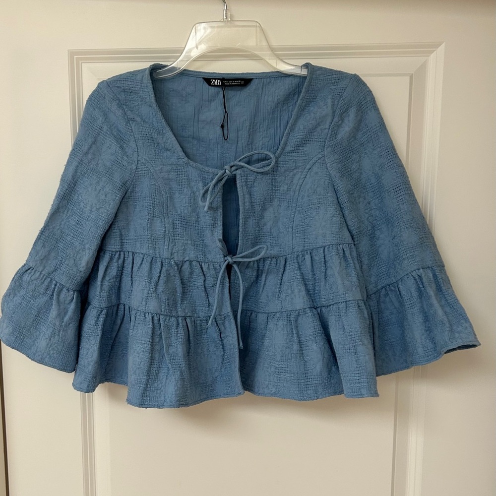 Zara Light Blue Tie-Front Tiered Blouse - Picture 6 of 10